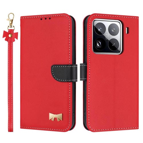 Funda de cuero con lazo metálico y correa para la mano para Xiaomi 15 Pro (roja)