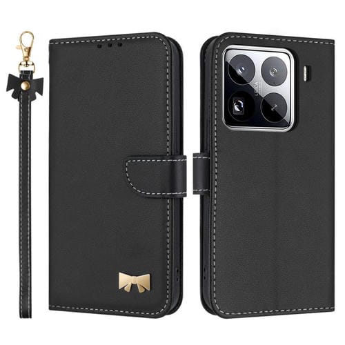 Funda de cuero con lazo metálico y correa para la mano para Xiaomi 15 Pro (negra)