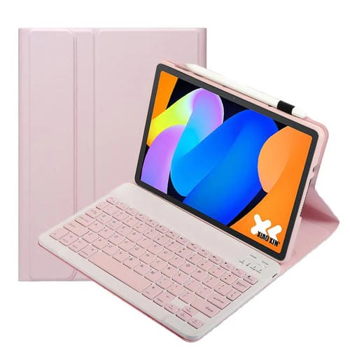 Funda de cuero ultrafina con teclado Bluetooth desmontable para Lenovo Xiaoxin Pad de 11 pulgadas (2025 AM31) (rosa y blanco)