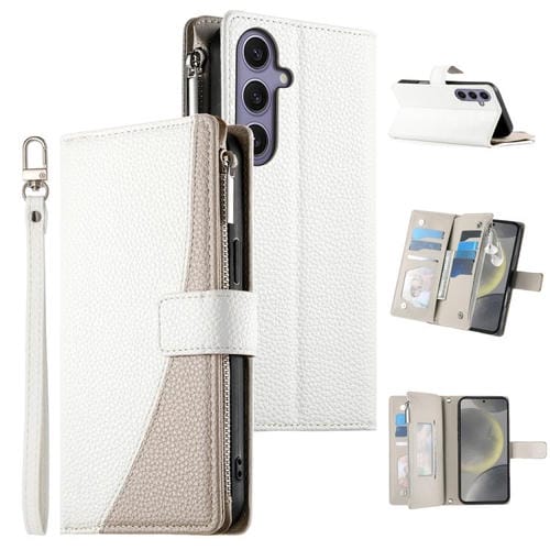 Funda de cuero tipo billetera con cremallera y múltiples tarjetas, con costuras y correa corta para Samsung Galaxy S24+ 5G / S25+ 5G (blanca)