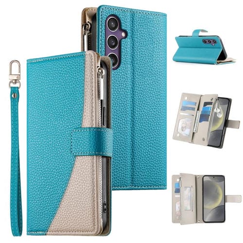 Funda de cuero con cremallera para Samsung Galaxy S24 5G/S25 5G, con costuras, múltiples tarjetas y correa corta (azul)