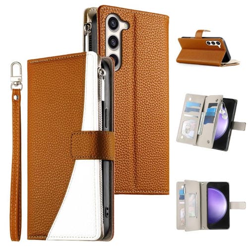 Funda de cuero con cremallera para Samsung Galaxy S23+ 5G, con costuras, para múltiples tarjetas y correa corta (marrón)