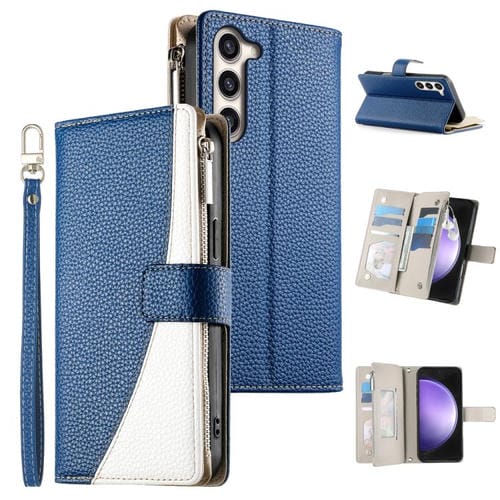Funda de cuero con cremallera para Samsung Galaxy S23+ 5G, con costuras, para múltiples tarjetas y correa corta (azul oscuro)