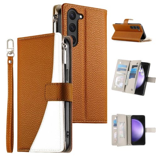 Funda de cuero con cremallera para Samsung Galaxy S23 5G, con costuras, para múltiples tarjetas y correa corta (marrón)