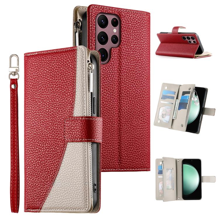 Funda de cuero tipo billetera con cremallera para Samsung Galaxy S22 Ultra 5G, con costuras, múltiples tarjetas y correa corta (roja)