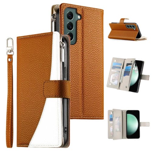 Funda de cuero con cremallera para Samsung Galaxy S22 5G, con costuras, para múltiples tarjetas y correa corta (marrón)