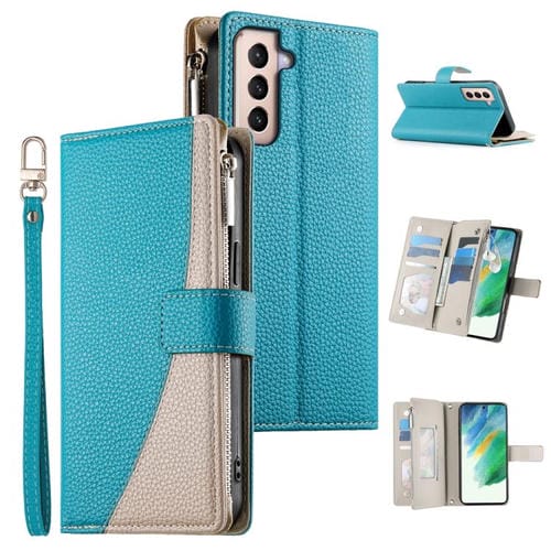 Funda de cuero tipo billetera con cremallera y múltiples tarjetas para Samsung Galaxy S21+ 5G, con costuras y correa corta (azul)