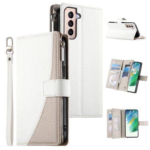 Funda de cuero tipo billetera con cremallera y múltiples tarjetas para Samsung Galaxy S21+ 5G, con costuras y correa corta (blanca)