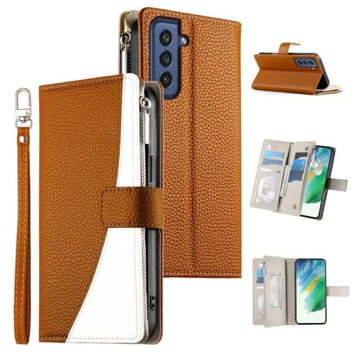 Funda de cuero con cremallera para Samsung Galaxy S21 FE 5G, con costuras, para múltiples tarjetas y correa corta (marrón)