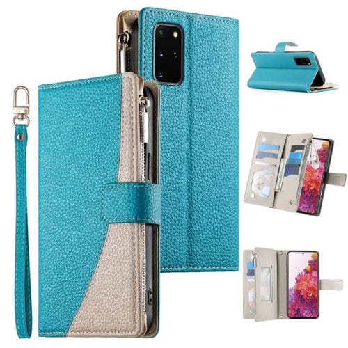 Funda de cuero tipo billetera con cremallera y múltiples tarjetas para Samsung Galaxy S20+ con costuras y correa corta (azul)