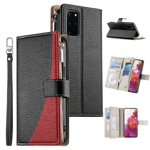 Funda de cuero tipo billetera con cremallera y múltiples tarjetas para Samsung Galaxy S20+ con costuras y correa corta (negra)