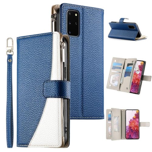 Funda de cuero tipo billetera con cremallera y múltiples tarjetas para Samsung Galaxy S20+ con costuras y correa corta (azul oscuro)