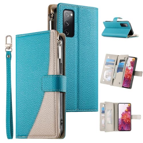 Funda de cuero tipo billetera con cremallera y múltiples tarjetas para Samsung Galaxy S20 FE con costuras y correa corta (azul)