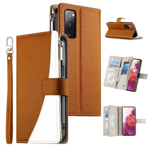 Funda de cuero con cremallera para Samsung Galaxy S20 FE, con costuras, para múltiples tarjetas y correa corta (marrón)