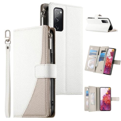 Funda de cuero tipo billetera con cremallera para Samsung Galaxy S20 FE, con costuras y correa corta (blanca)