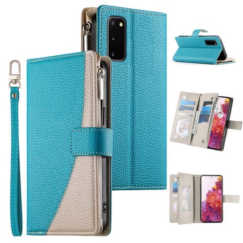 Funda de cuero tipo billetera con cremallera para Samsung Galaxy S20 con costuras y correa corta (azul)