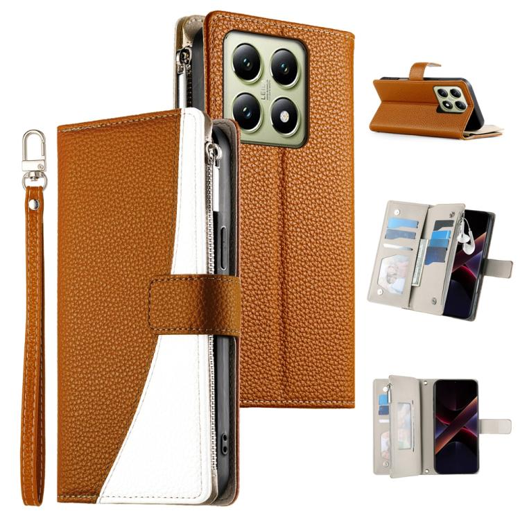 Funda de cuero con cremallera para Xiaomi 14T, con múltiples tarjetas y costuras, con correa corta (marrón)