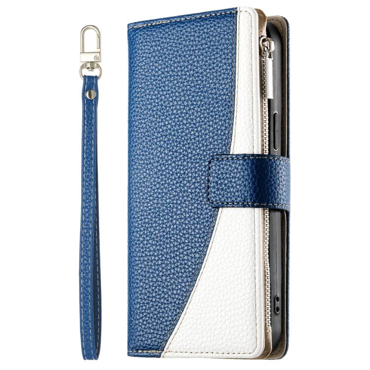 Funda de cuero con cremallera para Xiaomi 14T, con múltiples tarjetas y costuras, con correa corta (azul oscuro)