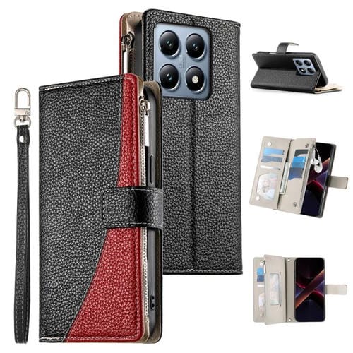 Funda de cuero con cremallera para Xiaomi 14T Pro, con múltiples tarjetas y costuras, con correa corta (negra)