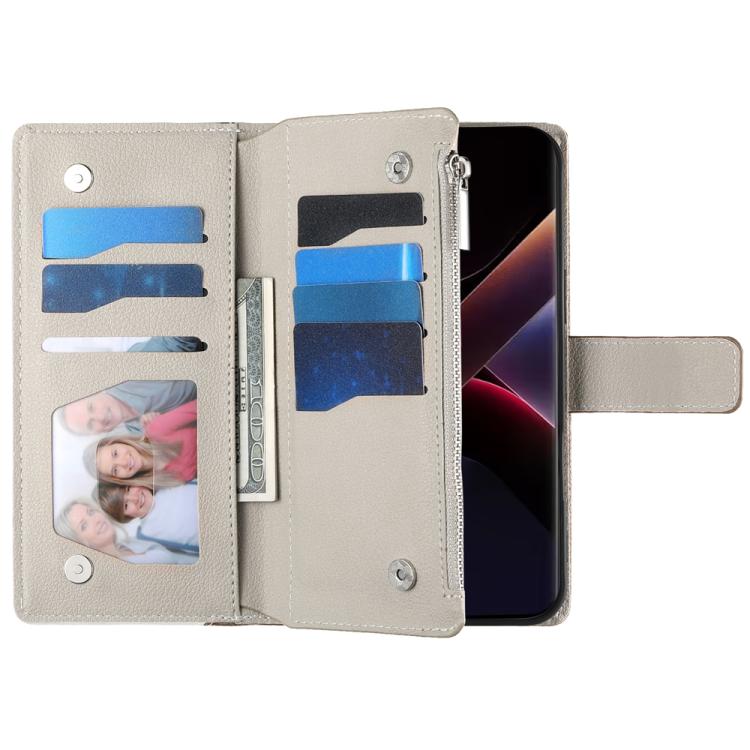 Funda de cuero con cremallera para Xiaomi 14T Pro, con múltiples tarjetas y costuras, con correa corta (blanca)