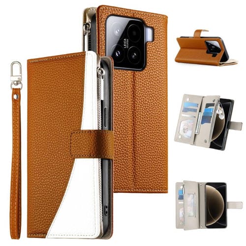 Funda de cuero con cremallera para Xiaomi 15, con múltiples tarjetas y costuras, con correa corta (marrón)