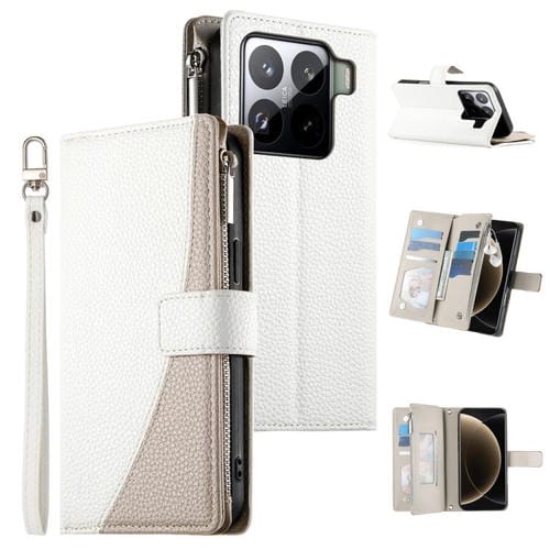 Funda de cuero con cremallera para Xiaomi 15 Pro, con múltiples tarjetas y costuras, con correa corta (blanca)