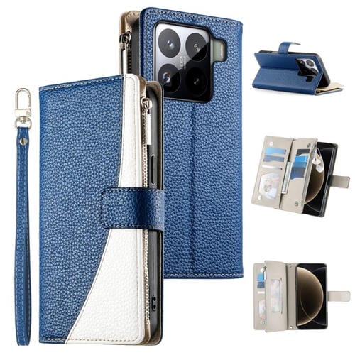 Funda de cuero con cremallera para Xiaomi 15 Pro, con múltiples tarjetas y costuras, con correa corta (azul oscuro)