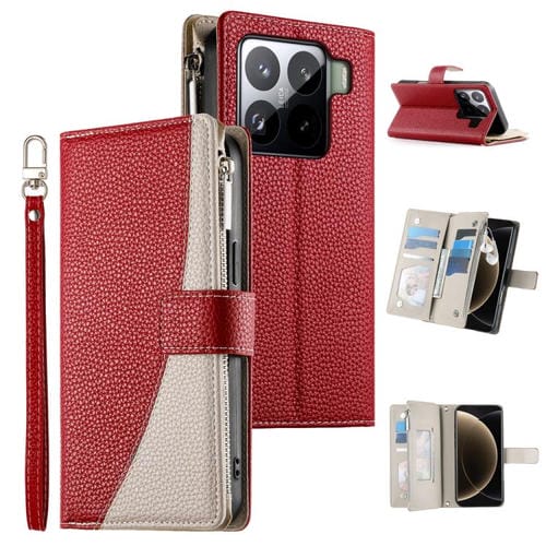 Funda de cuero con cremallera para Xiaomi 15 Pro, con múltiples tarjetas y costuras, con correa corta (roja)