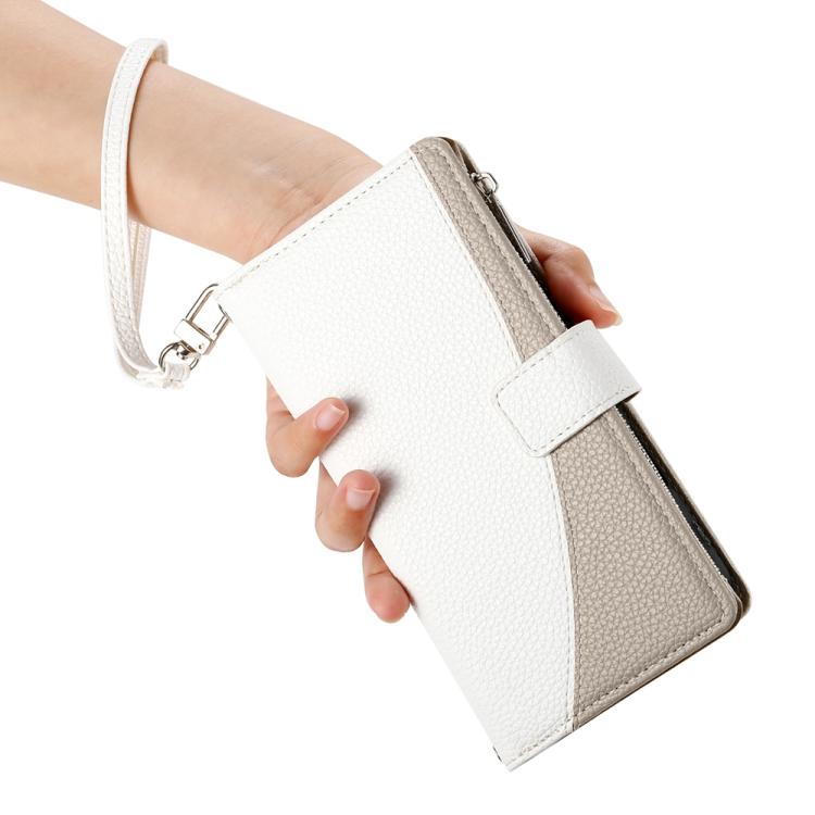 Funda de cuero con cremallera para Xiaomi 15 Ultra, con múltiples tarjetas y costuras, con correa corta (blanca)