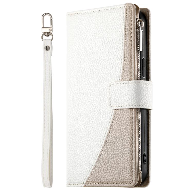 Funda de cuero con cremallera para Redmi 12 4G / 5G / Note 12R, con costuras, para múltiples tarjetas y correa corta (blanca)