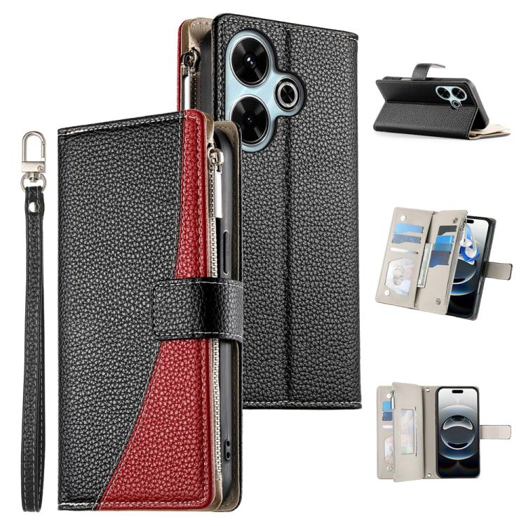 Funda de cuero con cremallera para Redmi 13 4G / 5G / Xiaomi Poco M6 4G, con costuras, múltiples tarjetas y correa corta (negra)