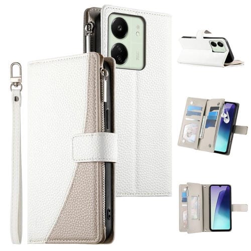 Funda de cuero con cremallera y múltiples tarjetas para Redmi 13C 4G / 5G / 13R / Xiaomi Poco C65 (blanco)