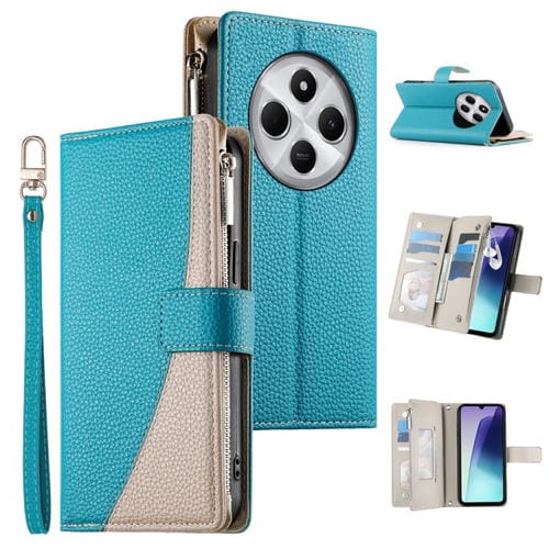 Funda de cuero con cremallera y múltiples tarjetas para Redmi 14C 4G / 14R / A4 5G / A3 Pro, con costuras y correa corta (azul)