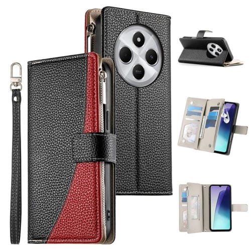 Funda de cuero con cremallera y múltiples tarjetas para Redmi 14C 4G / 14R / A4 5G / A3 Pro, con costuras y correa corta (negra)