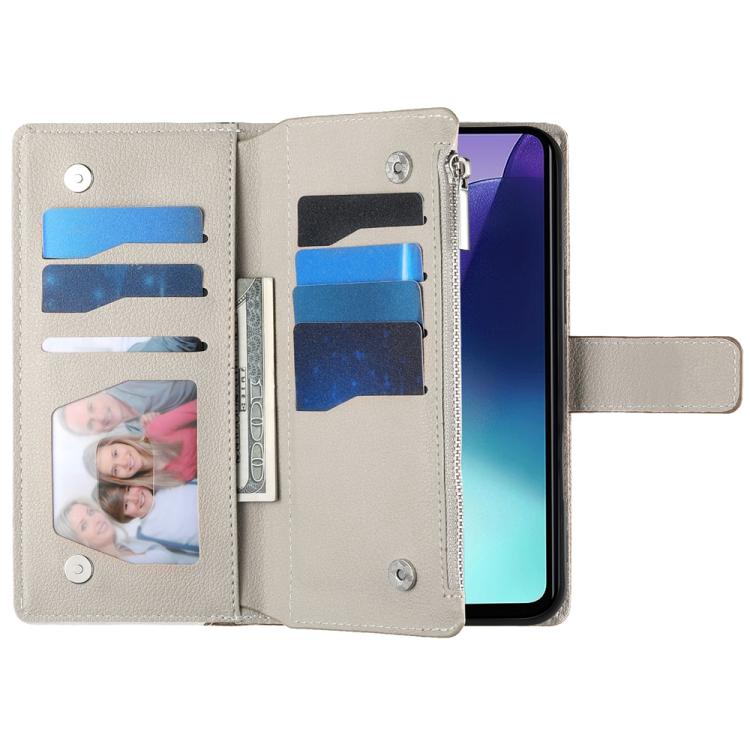 Funda de cuero con cremallera y múltiples tarjetas para Redmi 14C 4G / 14R / A4 5G / A3 Pro, con costuras y correa corta (marrón)