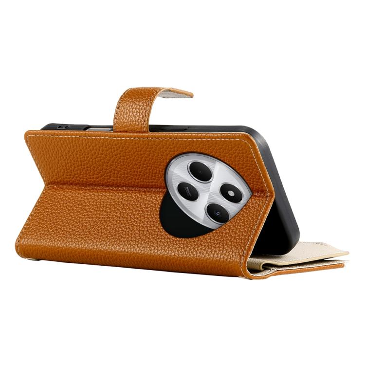 Funda de cuero con cremallera y múltiples tarjetas para Redmi 14C 4G / 14R / A4 5G / A3 Pro, con costuras y correa corta (marrón)