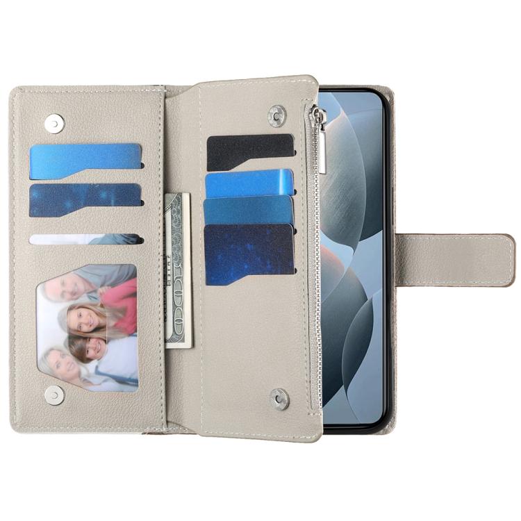 Funda de cuero con cremallera para Redmi K70 Ultra, con costuras, múltiples tarjetas y correa corta (marrón)