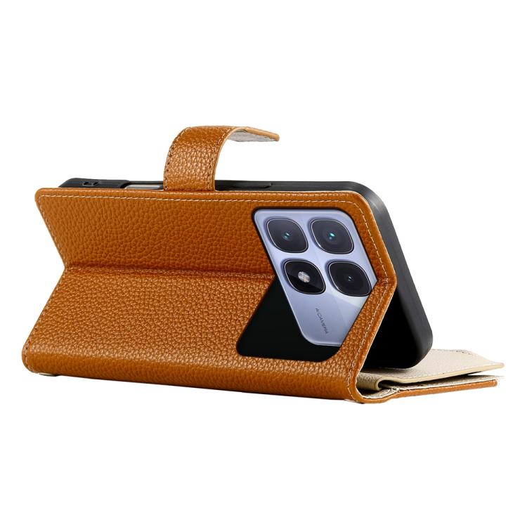 Funda de cuero con cremallera para Redmi K70 Ultra, con costuras, múltiples tarjetas y correa corta (marrón)