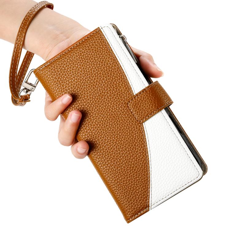 Funda de cuero con cremallera para Redmi K70 Ultra, con costuras, múltiples tarjetas y correa corta (marrón)