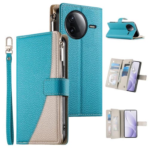 Funda de cuero con cremallera y múltiples tarjetas para Redmi K80 / K80 Pro / Poco F7 Pro, con costuras y correa corta (azul)