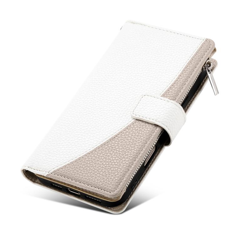Funda de cuero con cremallera para Redmi Note 12 4G Global / Note 12R Pro, con costuras, para múltiples tarjetas y correa corta (blanca)