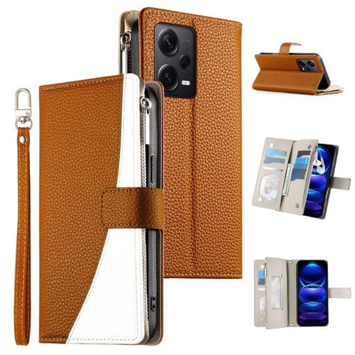 Funda de cuero con cremallera para Redmi Note 12 Pro+ Global / Note 12 Explorer, con costuras, para múltiples tarjetas y correa corta (marrón)