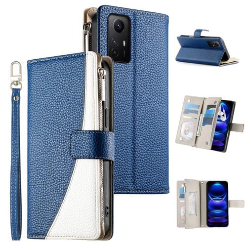 Funda de cuero con cremallera para Redmi Note 12S 4G / Note 11 4G, con costuras globales, múltiples tarjetas y correa corta (azul oscuro)