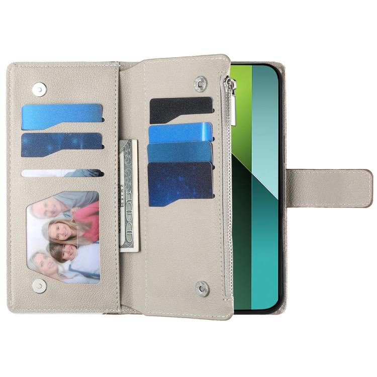 Funda de cuero con cremallera para Redmi Note 13 4G, con costuras globales, múltiples tarjetas y correa corta (negra)