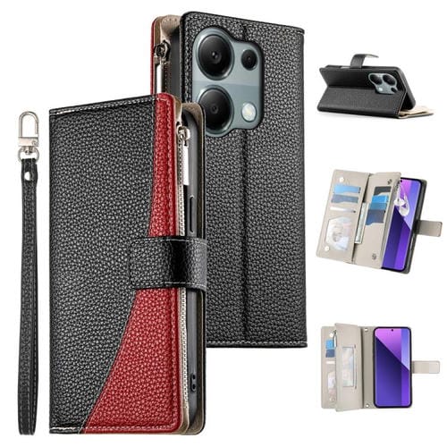 Funda de cuero con cremallera para Redmi Note 13 Pro 4G / Poco M6 Pro, con costuras, para múltiples tarjetas y correa corta (negra)