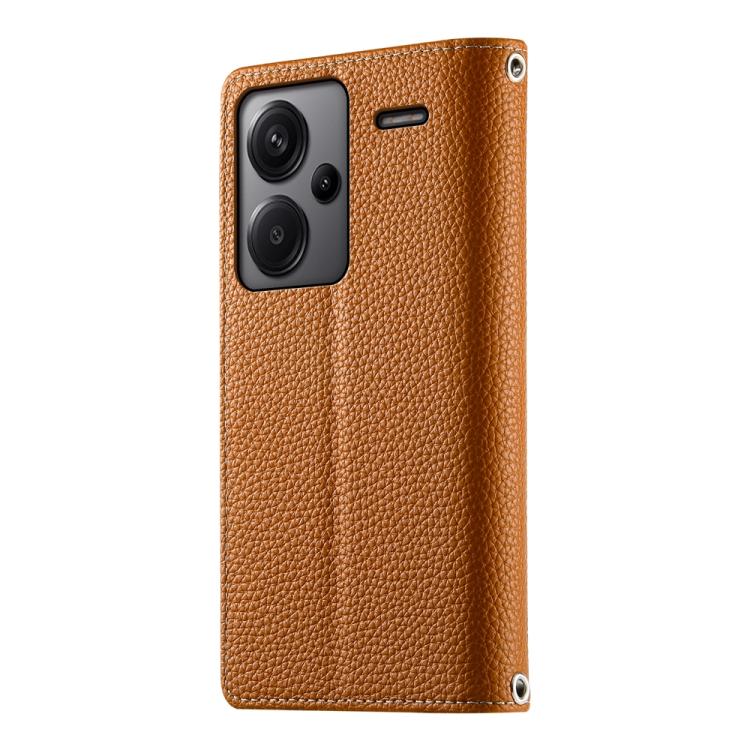Funda de cuero tipo billetera con cremallera para Redmi Note 13 Pro+, costuras globales, múltiples tarjetas y correa corta (marrón)