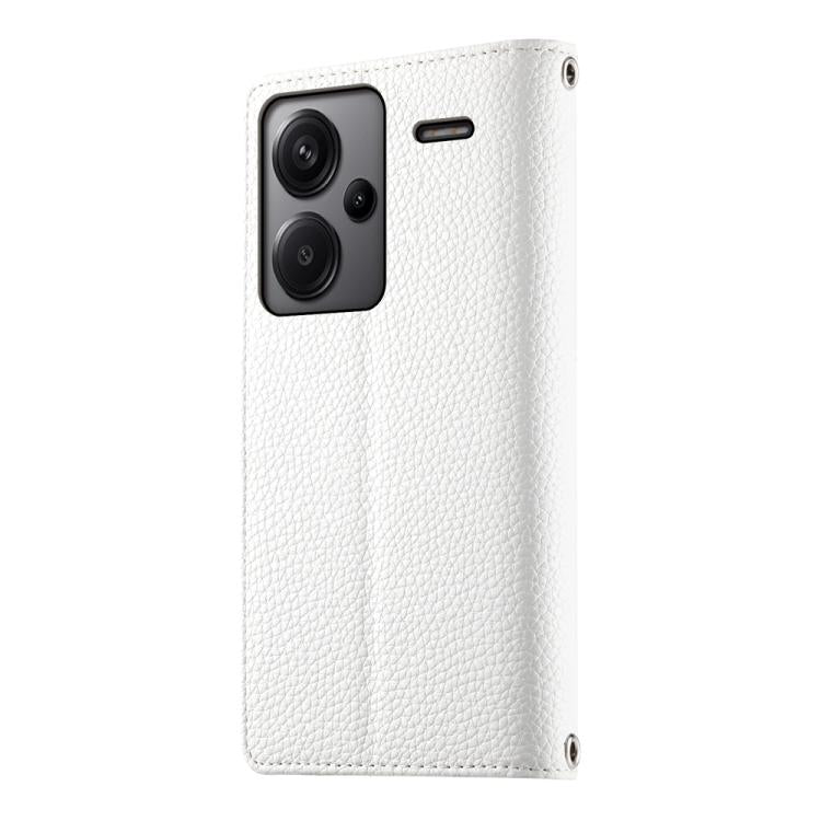 Funda de cuero tipo billetera con cremallera para Redmi Note 13 Pro+, con costuras globales y correa corta (blanca)