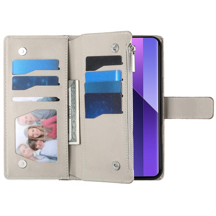 Funda de cuero tipo billetera con cremallera para Redmi Note 13 Pro+, con costuras globales y correa corta (blanca)