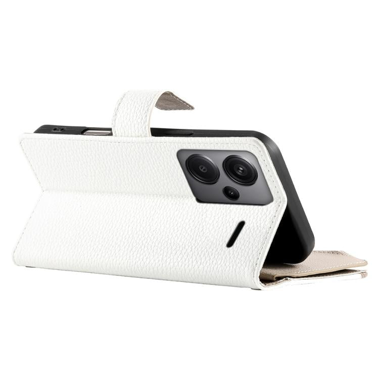 Funda de cuero tipo billetera con cremallera para Redmi Note 13 Pro+, con costuras globales y correa corta (blanca)