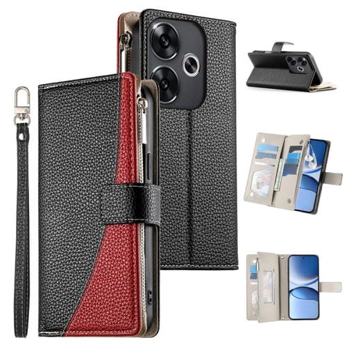 Funda de cuero con cremallera para Redmi Turbo 3 y Xiaomi Poco F6, con costuras, para múltiples tarjetas y correa corta (negra)